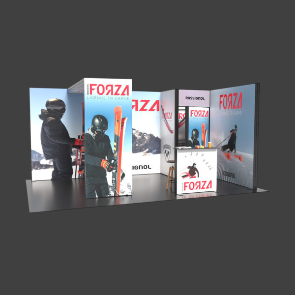 Stand Angolare con sgabuzzino, ponte e desk 500x300x250h